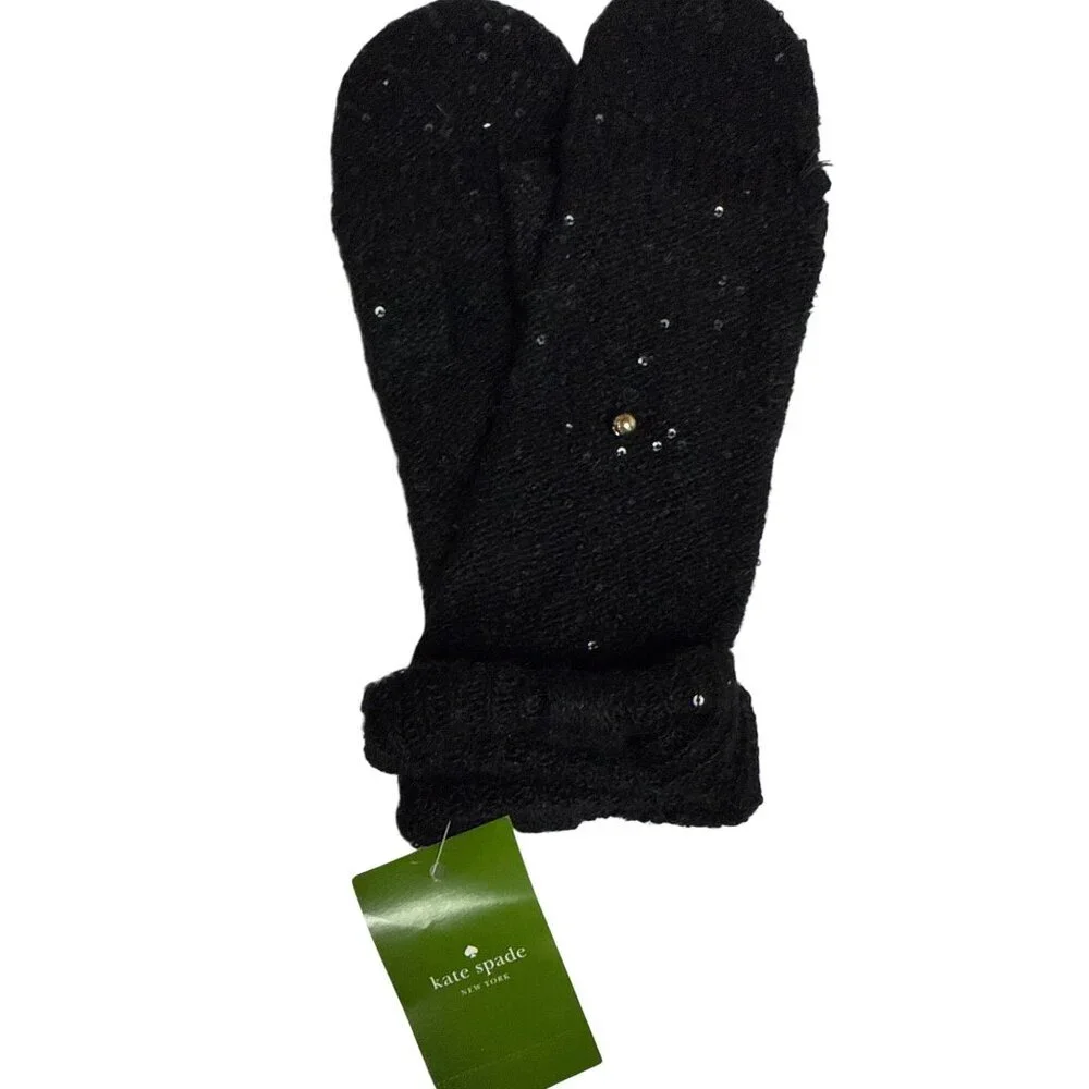Kate Spade Women's Mittens Allover Sequin Poptop Bow Detail Black Cosmic GLow